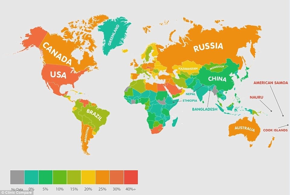 Map of obesity rates worldwide.